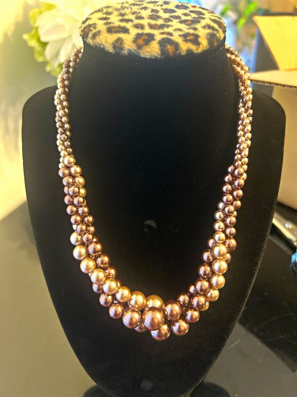 Roman Brown Imitation Pearl Beaded Statement Necklace Lobster Clasp